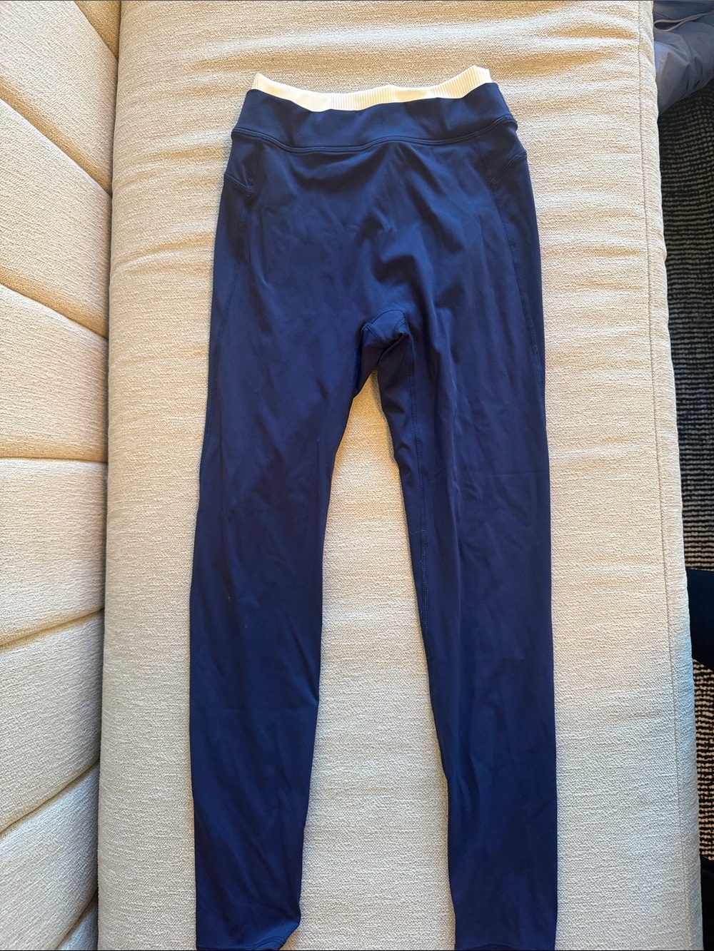 Navy High-Waist Workout Leggings with White Waistband